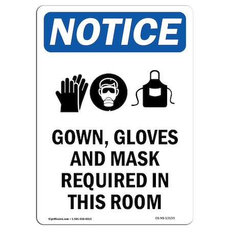 Signmission OSHA Notice Sign, Gown Gloves And Mask With Symbol, 10in X 7in Aluminum, 7" W, 10" H, Portrait OS-NS-A-710-V-13159